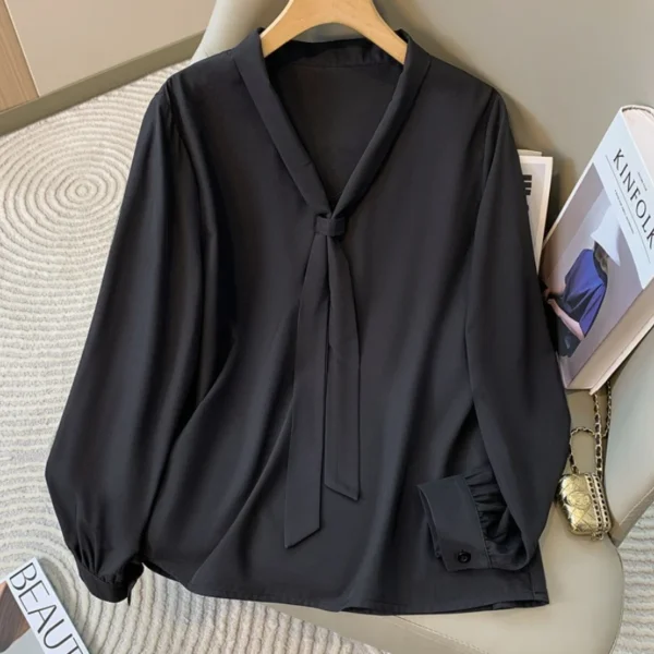 2025 Women's Elegant Butterfly Knot V-neck Blouse Solid Thin Chiffon Plus Size Shirt Spring Autumn Fashion Long Sleeves Tops - Image 2