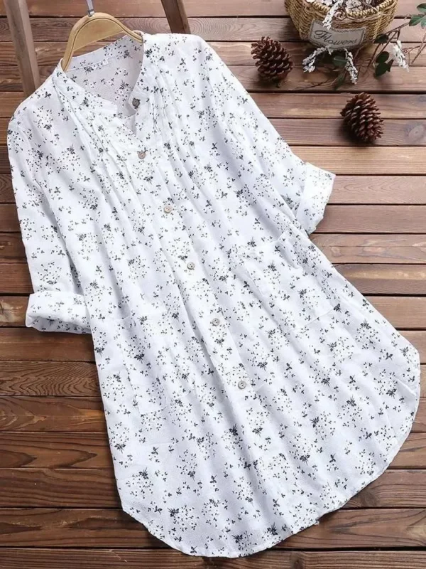 Women's Plus-size Shirt White Long Flower Decorated Lapel Button Up Top for Travel Wear