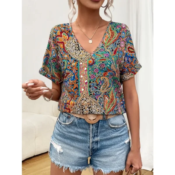 Plus Size 0XL-5XL Women's Fashionable V-neck Printed Casual and Comfortable Short Sleeved Shirt - Image 3
