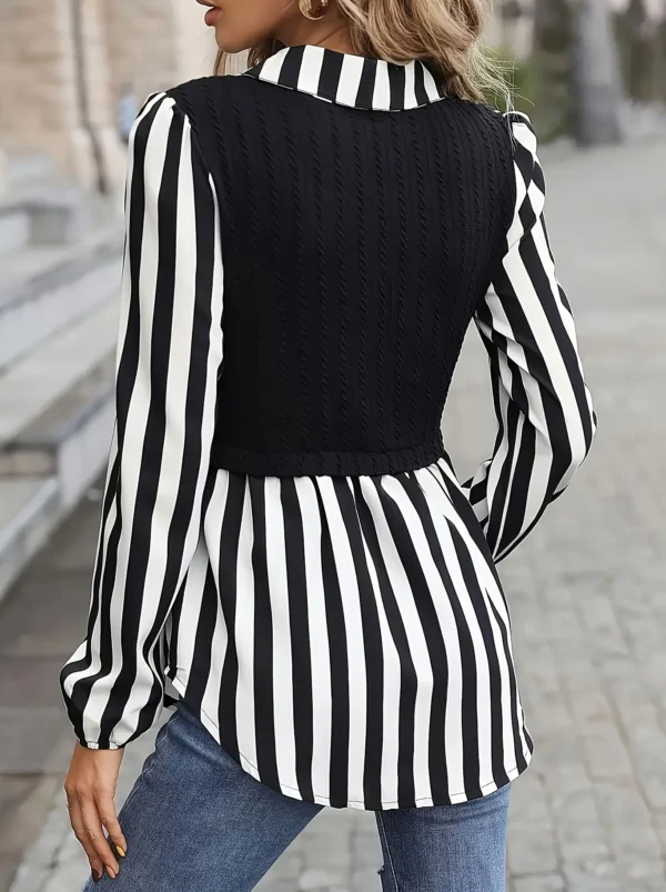 Women Plus Size Striped Blouse Casual Long Sleeve Lapel Collar Non Stretch Woven Shirt for Summer Black White Vertical - Image 2