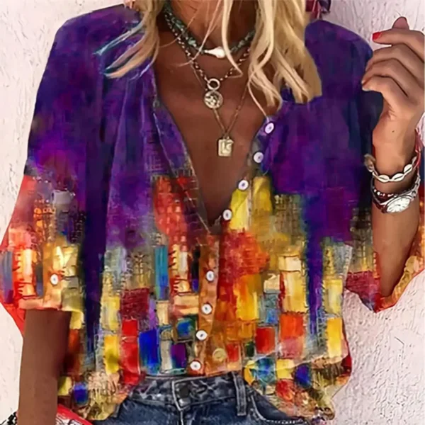 Women's Plus Size 1XL-5XL Fashion Oil Painting Print Blouse with Button Ladies Casual Stand Collar Stylish and Comfortable Shirt - Image 6