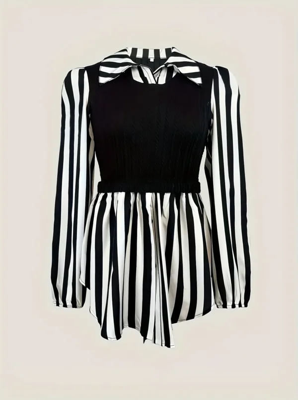 Women Plus Size Striped Blouse Casual Long Sleeve Lapel Collar Non Stretch Woven Shirt for Summer Black White Vertical - Image 3
