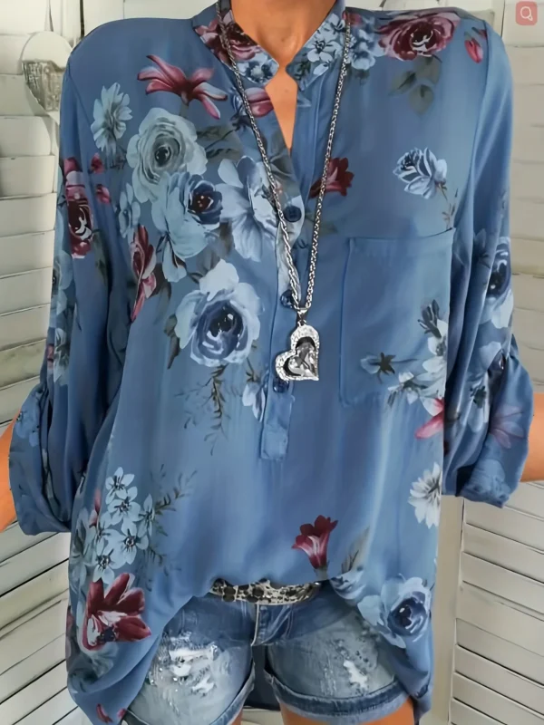 Plus Size Women Fashion V-neck Printed Pull-up Long Sleeved Shirt Ladies Casual Standing Collar Blouse