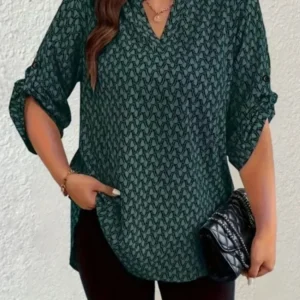 Plus Size 1XL-5XL Women Fashion Roll Up Notched Neck Long Sleeve Blouse Shirts Ladies Casual Tunic Blouse Shirt Breathable Top