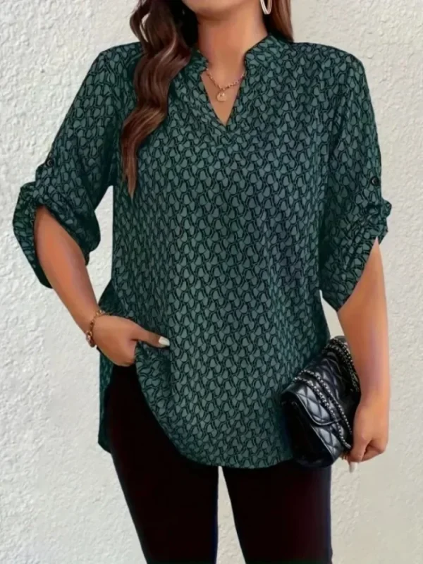 Plus Size 1XL-5XL Women Fashion Roll Up Notched Neck Long Sleeve Blouse Shirts Ladies Casual Tunic Blouse Shirt Breathable Top