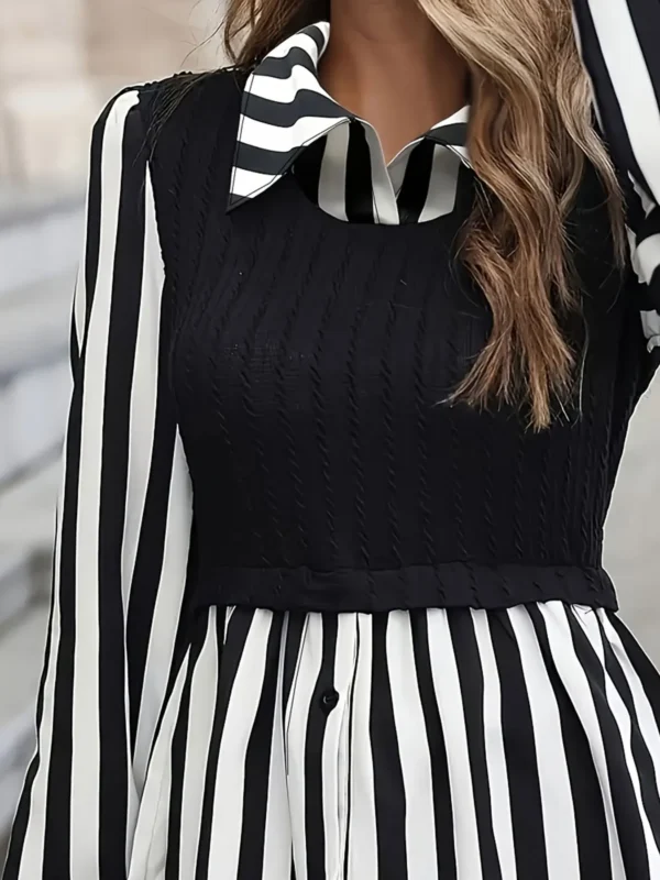 Women Plus Size Striped Blouse Casual Long Sleeve Lapel Collar Non Stretch Woven Shirt for Summer Black White Vertical - Image 6