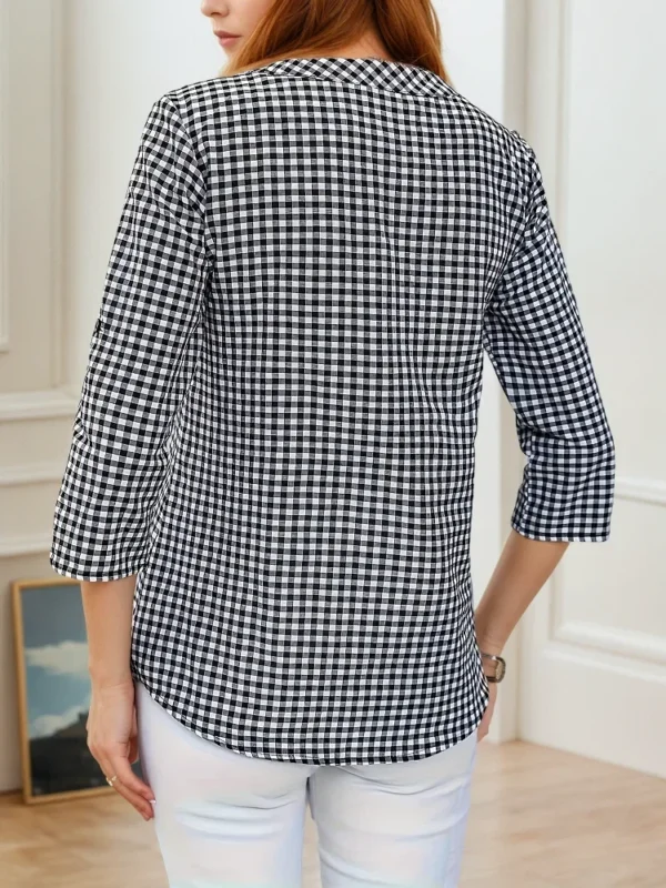 Plus Size Spring Autumn Women Fine Plaid Fashion Long Sleeve V-Neck Blouse Slim Fit Temperament Top Belly Covering Small Shirts - Image 4