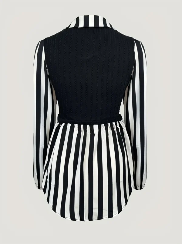 Women Plus Size Striped Blouse Casual Long Sleeve Lapel Collar Non Stretch Woven Shirt for Summer Black White Vertical - Image 4