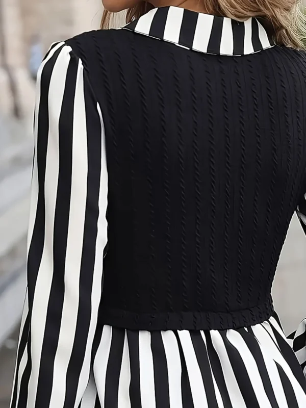 Women Plus Size Striped Blouse Casual Long Sleeve Lapel Collar Non Stretch Woven Shirt for Summer Black White Vertical - Image 5