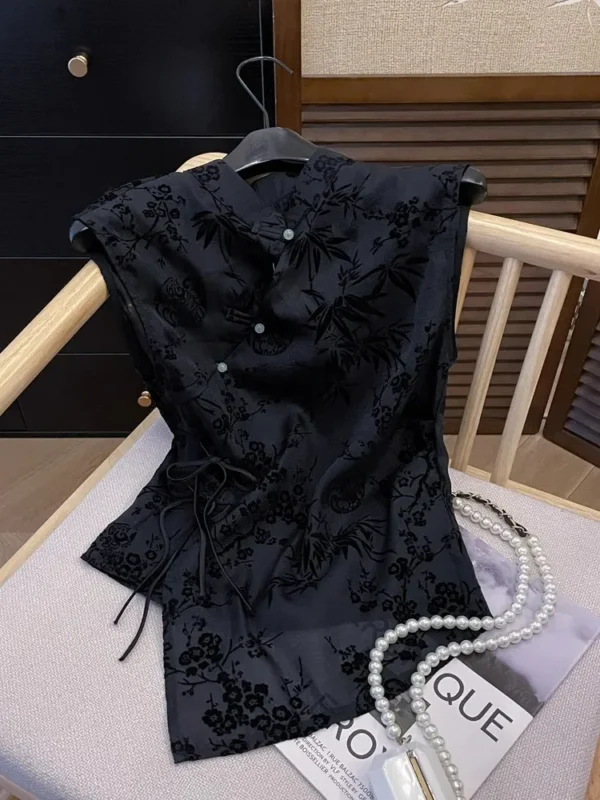 Women's Jacquard Black Chiffon Blouse Short Sleeve Loose Top Office Casual Wear Lace-Up Shirt Lady plus Size