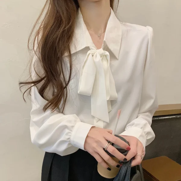 Y2K Women Solid Plus Size Shirt Bow Lace Up Lantern Sleeve Female Blouse Fashion Korean Sweet New Single Breasted Ladies Tops - Image 2