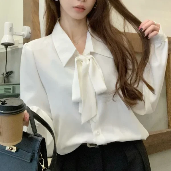 Y2K Women Solid Plus Size Shirt Bow Lace Up Lantern Sleeve Female Blouse Fashion Korean Sweet New Single Breasted Ladies Tops - Image 3
