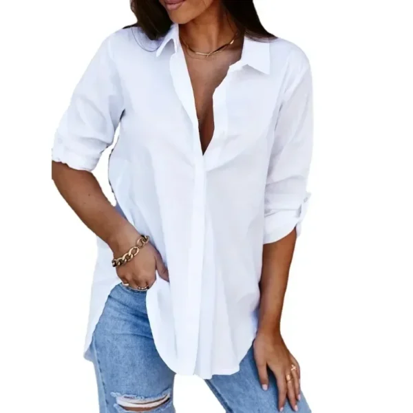 Women's Spring/summer Long Sleeved Plus size 1XL-8XL V-neck Button Up Shirt Solid Color Top Fashion Loose Casual Blouse - Image 2