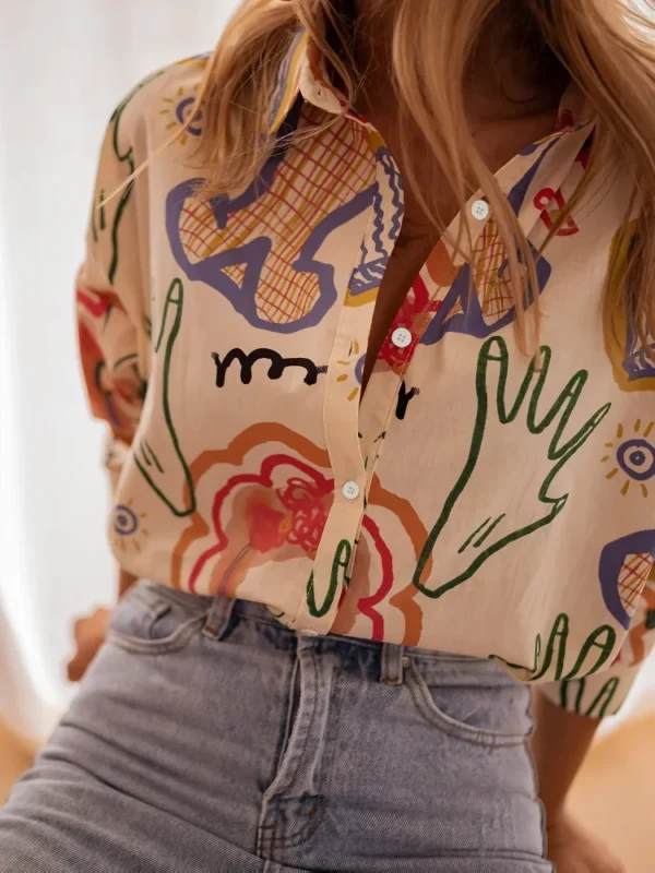 Plus Size Korean Style 2025 Woman's Loose Artistic Design Graffiti Pocket Tops Casual Shirts Clothing Fashion Long Sleeve Blouse - Image 2