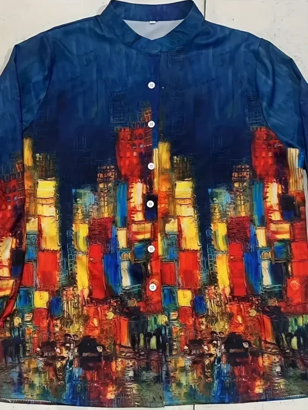Women's Plus Size 1XL-5XL Fashion Oil Painting Print Blouse with Button Ladies Casual Stand Collar Stylish and Comfortable Shirt - Image 4