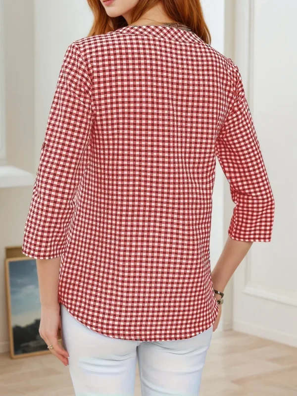Plus Size Spring Autumn Women Fine Plaid Fashion Long Sleeve V-Neck Blouse Slim Fit Temperament Top Belly Covering Small Shirts - Image 6