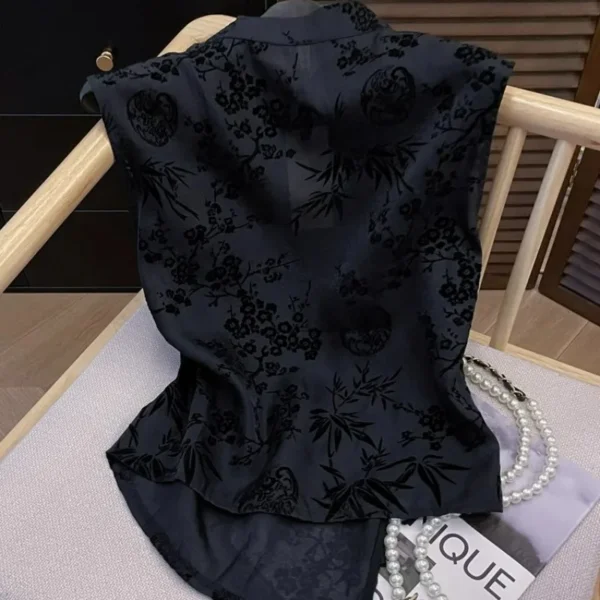 Women's Jacquard Black Chiffon Blouse Short Sleeve Loose Top Office Casual Wear Lace-Up Shirt Lady plus Size - Image 2