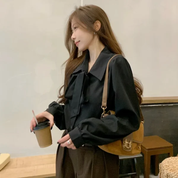 Y2K Women Solid Plus Size Shirt Bow Lace Up Lantern Sleeve Female Blouse Fashion Korean Sweet New Single Breasted Ladies Tops - Image 6