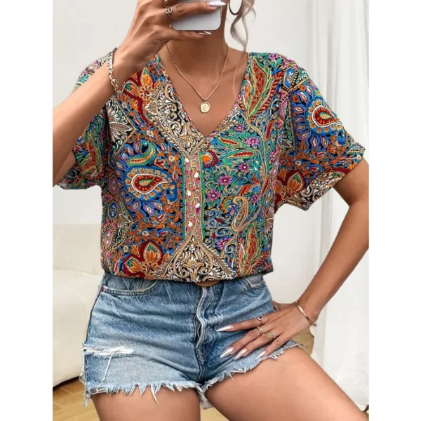 Plus Size 0XL-5XL Women's Fashionable V-neck Printed Casual and Comfortable Short Sleeved Shirt - Image 5
