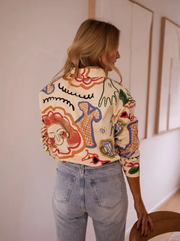 Plus Size Korean Style 2025 Woman's Loose Artistic Design Graffiti Pocket Tops Casual Shirts Clothing Fashion Long Sleeve Blouse - Image 5
