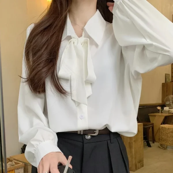 Y2K Women Solid Plus Size Shirt Bow Lace Up Lantern Sleeve Female Blouse Fashion Korean Sweet New Single Breasted Ladies Tops - Image 4