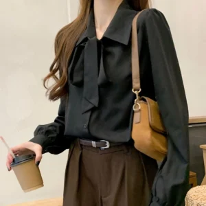 Y2K Women Solid Plus Size Shirt Bow Lace Up Lantern Sleeve Female Blouse Fashion Korean Sweet New Single Breasted Ladies Tops