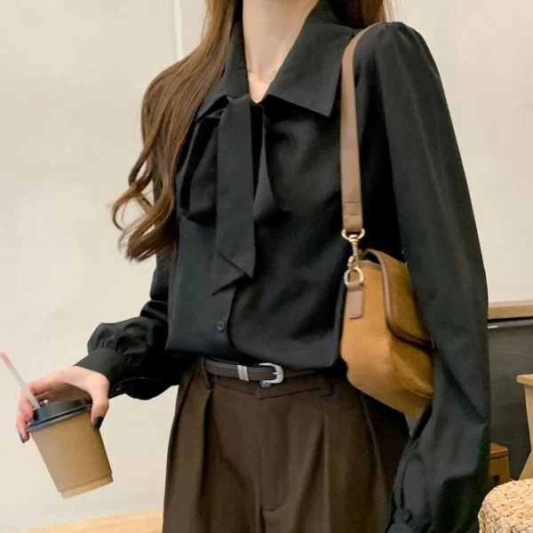 Y2K Women Solid Plus Size Shirt Bow Lace Up Lantern Sleeve Female Blouse Fashion Korean Sweet New Single Breasted Ladies Tops