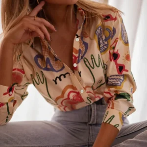 Plus Size Korean Style 2025 Woman's Loose Artistic Design Graffiti Pocket Tops Casual Shirts Clothing Fashion Long Sleeve Blouse
