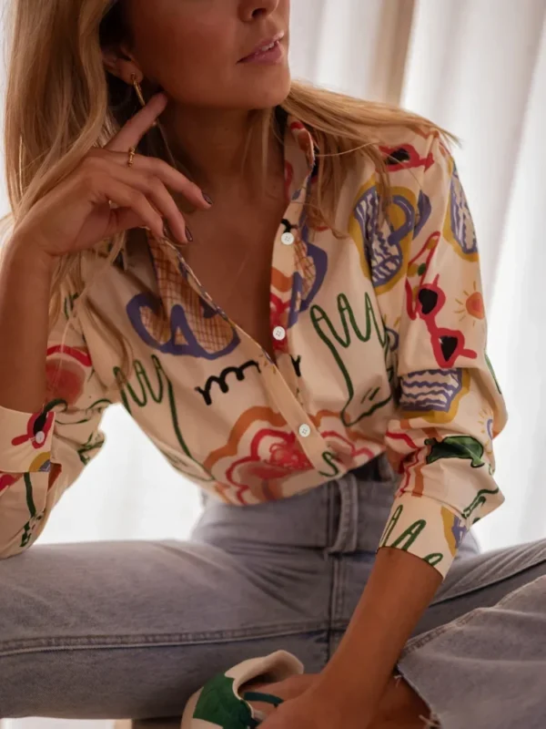 Plus Size Korean Style 2025 Woman's Loose Artistic Design Graffiti Pocket Tops Casual Shirts Clothing Fashion Long Sleeve Blouse