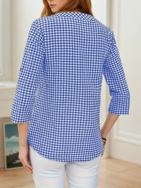 Plus Size Spring Autumn Women Fine Plaid Fashion Long Sleeve V-Neck Blouse Slim Fit Temperament Top Belly Covering Small Shirts - Image 5