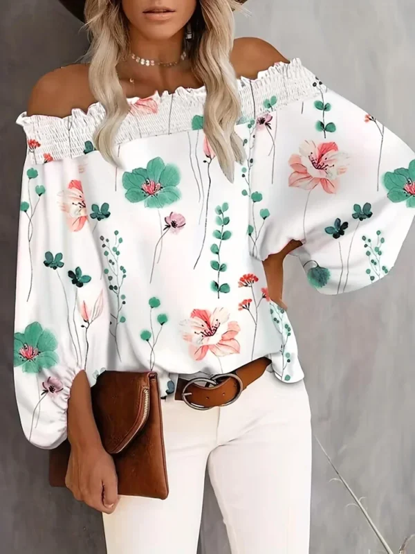 Women's Summer Plus Size 1XL-5XL Fashion Floral Print Off Shoulder Blouse Shirt Ladies Casual Long Sleeve Beach Shirt