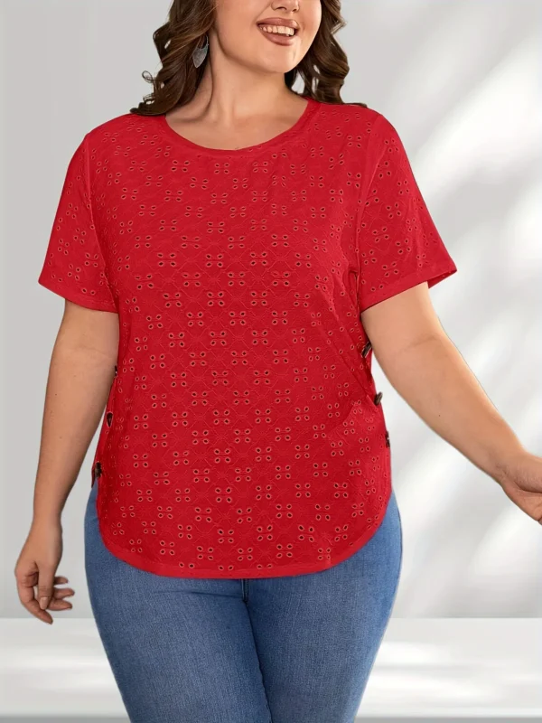 Fashion Women's Plus Size 1XL-5XL Hollow Short Sleeve T-shirt Casual Loose Button Detail Curved Hem T-shirt Round Neck T-shirt - Image 3