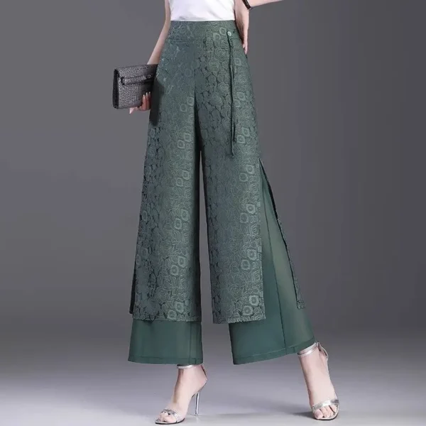 High Waist Wide Leg Pants Women's Summer Thin Ice Silk Straight Cut Slimming Drapey Floral Embroidery Loose Fit Casual Trousers - Image 3