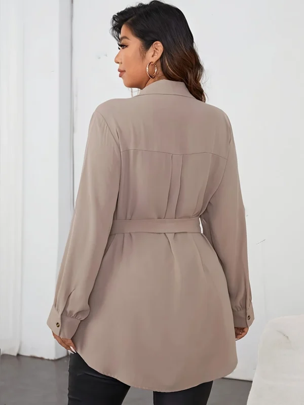 Plus Size Solid Belted Button Front Shirt, Elegant Curved Hem Long Sleeve Shirt For Spring & Fall, Women's Plus Size Clothing - Image 3