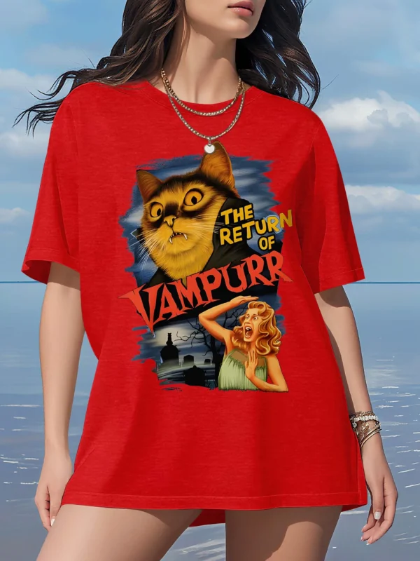 Plus Size Tops Women Clothes Summer Casual Short Sleeve Crew Neck “THE RETURN OF VAMPURR” Cat Vampire Poster Print T-Shirt - Image 4