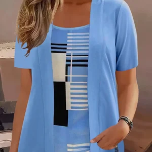 Elegant Geometric Print Mock Two-Piece T-Shirt | Plus Size Womens Summer Casual Top | Fashion Patchwork Design