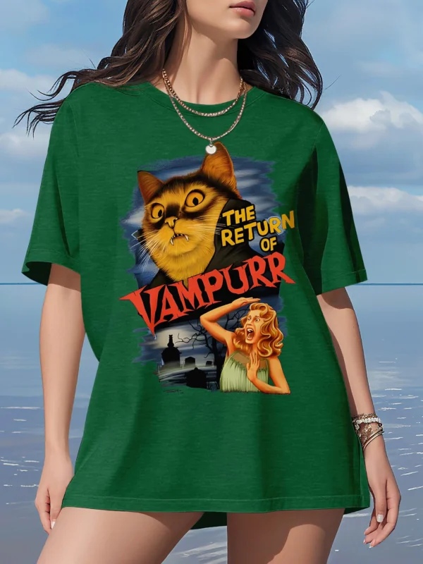 Plus Size Tops Women Clothes Summer Casual Short Sleeve Crew Neck “THE RETURN OF VAMPURR” Cat Vampire Poster Print T-Shirt - Image 3