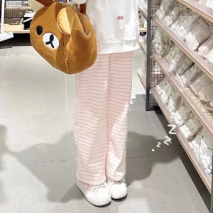 Japanese Y2K Striped Sweatpants Women Harajuku Kawaii Sweet Fleece Sports Pants Korean Fashion Cute Girly Basic Trousers