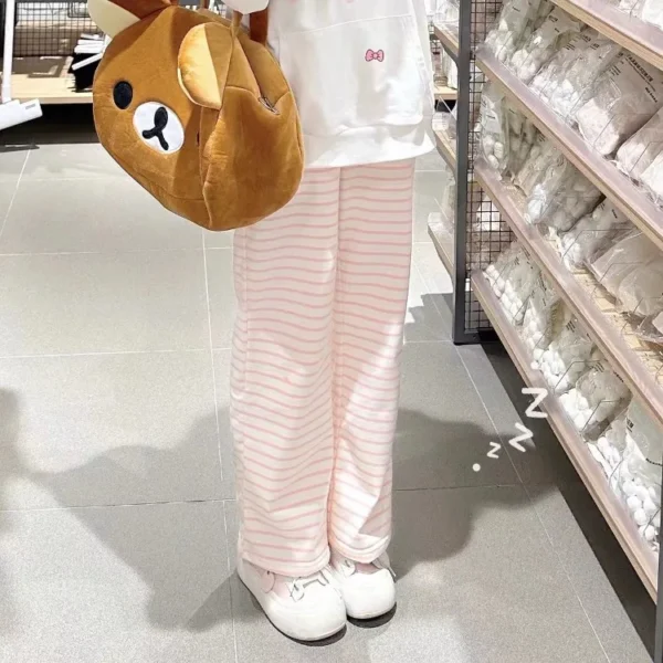 Japanese Y2K Striped Sweatpants Women Harajuku Kawaii Sweet Fleece Sports Pants Korean Fashion Cute Girly Basic Trousers