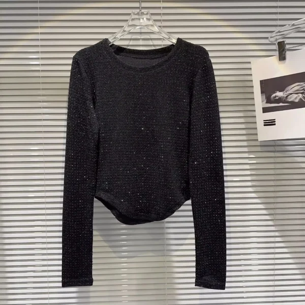 Fat people oversized wear 300 catties fashion rhinestone diamond bright silk curved edge women's long-sleeved T-shirt - Image 3