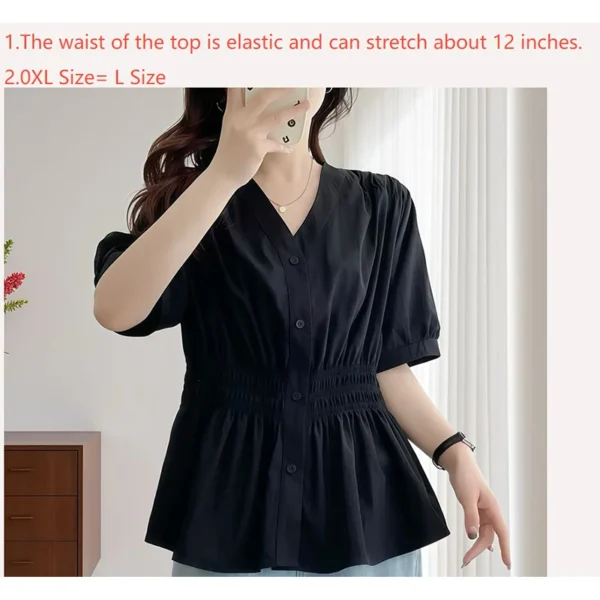 200 Pounds Plus Size Elastic Waist Summer Shirt And Blouse Short Sleeve Solid Top Women's New In Clothes Simple V-neck French - Image 2