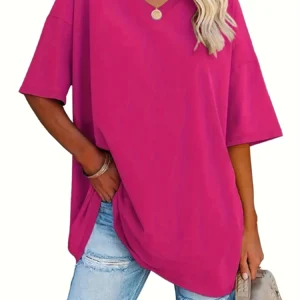 Plus size women's spring & summer simple fashion basic versatile polyester fiber with elastic solid color short-sleeved T-shirt。