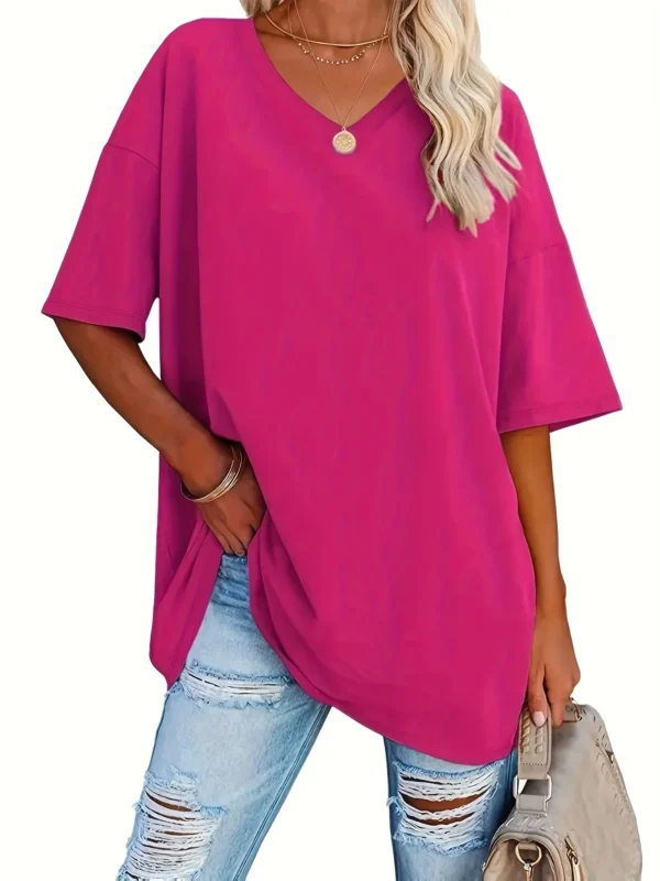 Plus size women's spring & summer simple fashion basic versatile polyester fiber with elastic solid color short-sleeved T-shirt。