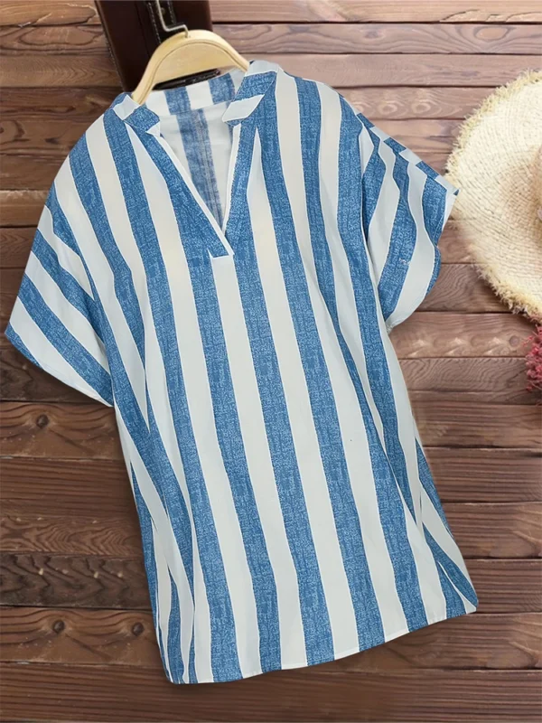 Plus Size 2024 Summer New Women's Striped Pullover T-Shirt V-Neck Short Sleeve Casual Tops Polyester