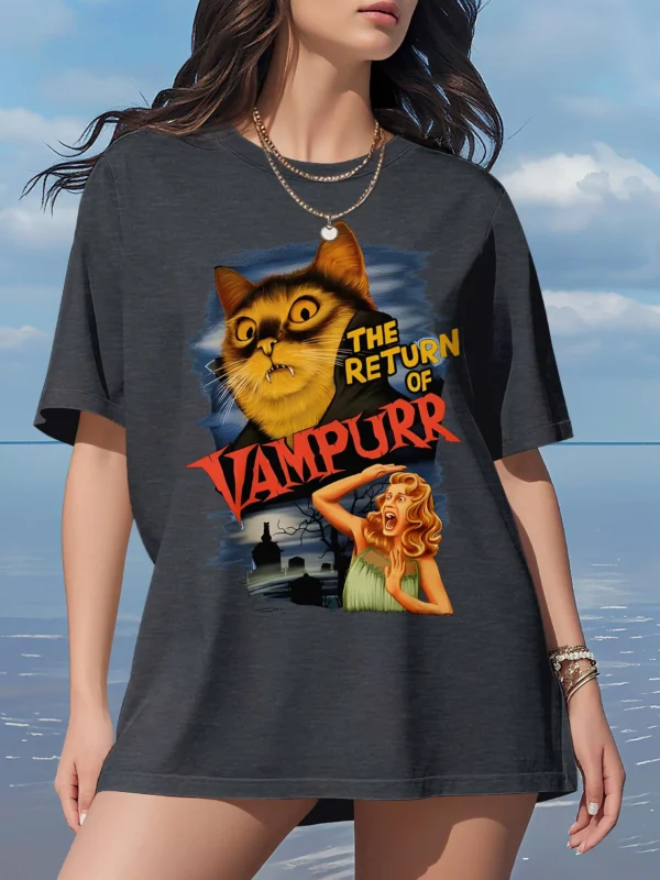 Plus Size Tops Women Clothes Summer Casual Short Sleeve Crew Neck “THE RETURN OF VAMPURR” Cat Vampire Poster Print T-Shirt - Image 5
