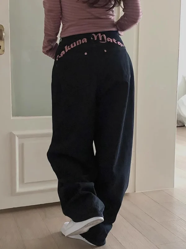 High Waist Embroidered Letter Print Denim Pants Women's Spring New Sle Cool Sexy Long Trousers Casual Wide Leg Jeans - Image 3