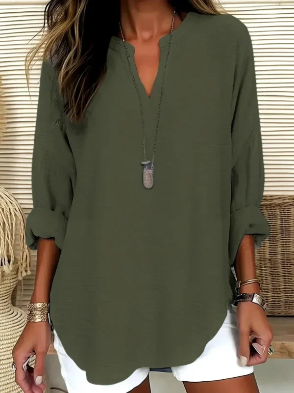 Plus Size Women's Casual Tops Loose Breathable Long Sleeve Stand Collar Female T-shirt Polyester Fashion Apparel V-neck Clothing - Image 2