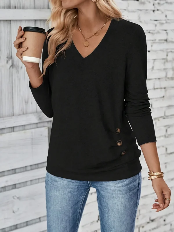 Plus Size Button Decor Ruched T-Shirt, Casual V Neck Long Sleeve Top For Spring & Fall Women's Plus Size Clothing