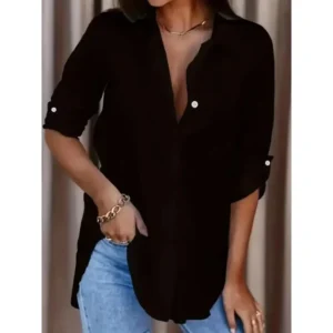 Women's Plus Size Formal Shirt Plain Long Sleeve Turn DownCollar Button Up Workwear Shirt