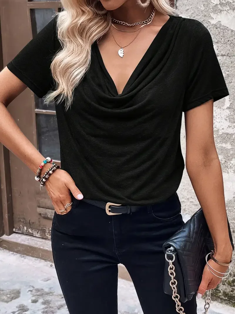 plus size Women's V-neck pleated short sleeved T-shirt